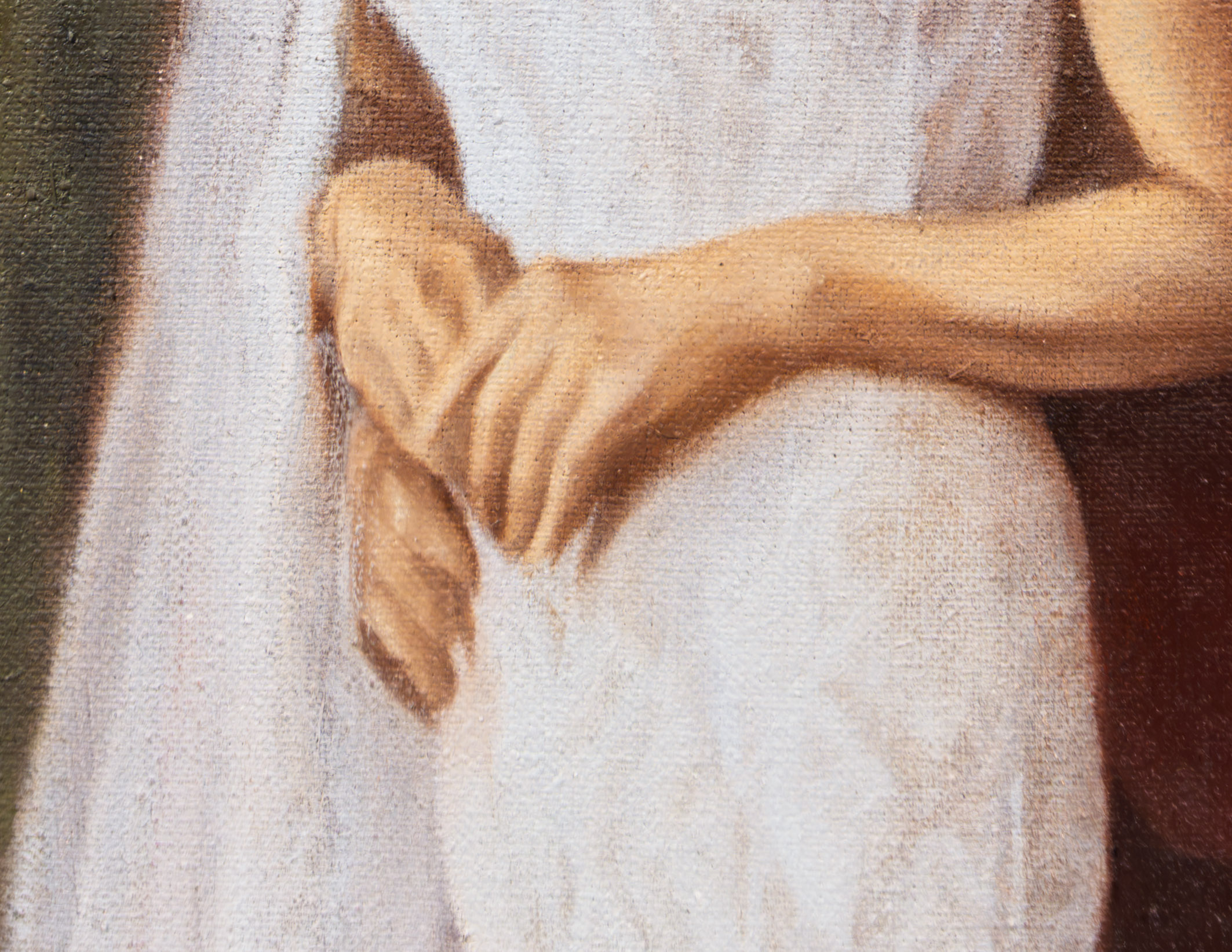 Detail from the oil wedding portrait showing the couple's hands.